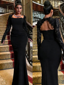 Vestido de Noche Elegante para Mujer, Estilo Nuevo, Formal, Largo hasta el Suelo, de Cachemira con Encaje, Cuello Cuadrado, Color Borgoña, de Secado Rápido - Product Image 3