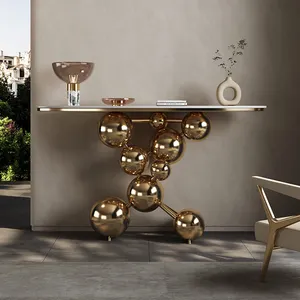 Vendita calda a buon mercato moderno di alta qualità ingresso ingresso arte ellisse sinterizzata pietra oro metallo led consolle tavolo