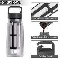 Bouteille de café froid transparente avec infuseur à mailles fines de 300 points, couvercle à large ouverture avec poignée et logo personnalisé pour usage extérieur