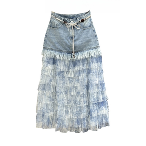 Jupe longue en jean à volants en maille, style décontracté taille haute pour femme, nouvelle collection printemps-été 2026, en tissu chiffon respirant et naturel - Product Image 5