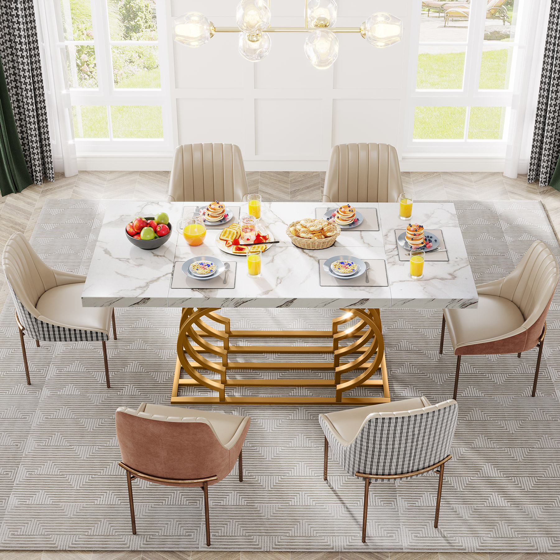 Tavolo Da Pranzo Moderno Rettangolare, Con Piano In MDF Motivo In Marmo 140x80x75 Cm Bianco Nero~1psppgpi1t000