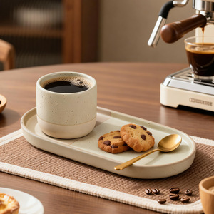 Conjunto de Bandeja Oval Longa e Xícara de Café em Cerâmica - Design Moderno Minimalista em Cor Sólida para Chá da Tarde e Sobremesas; Testado FCM para Comércio Transfronteiriço - Product Image 1