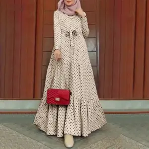 New Muslim Women's Wear Printed Polka Dot Long Sleeve Multi-layer Stitching Waist Ruffled Hem Women's Dress