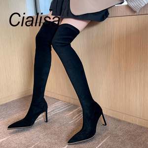Bottes en fourrure sexy pour femmes Cialisa, mode automne/hiver, au-dessus du genou, cuissardes, talons hauts - Product Image 1