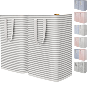 2 Pack Striped Plastic <b>Tall</b> Collapsible Rectangle Laundry Hampers with Long Handles for Bedroom and Bathroom Clothes <b>Storage</b> - Product Image 1