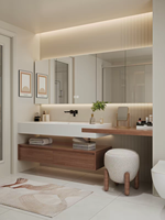 Ensemble de meubles de salle de bain moderne rétro style bois avec lavabo en dalle de pierre, coiffeuse et armoire de toilette résistante à l'eau avec éclairage LED