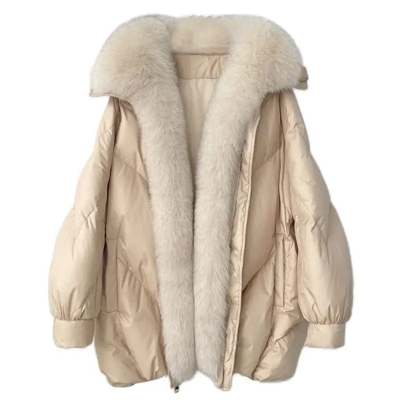 Wholesale detachable fox fur collar loose wide large size fur down jacket women's mid-length 2023 Winter coats