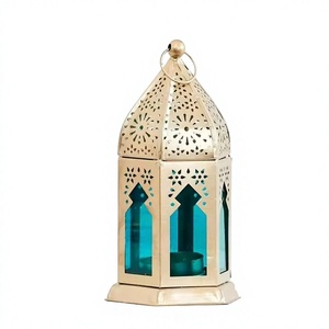 <b>Gold</b> Moroccan Style <b>Lantern</b> With Blue Glass Panels Durable Home Decoration Candle Holder Centerpiece <b>Lantern</b> Wedding <b>Lantern</b> - Product Image 1