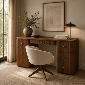 Coiffeuse nordique en bois à lattes de 160 cm de large avec poignées dorées pour intérieurs d'appartements haut de gamme - Product Image 6