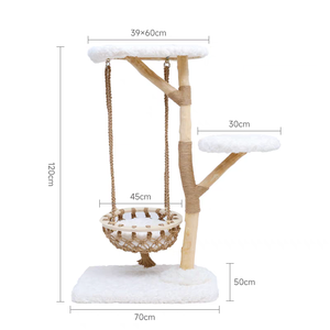Arbre à chat en bois massif artisanal, moderne et classique, à 3 niveaux, avec perchoir en forme de nuage et jouet, en carton - Product Image 3