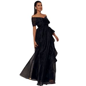 Abiti da sera eleganti <span class=keywords><strong>abito</strong></span> con volant abiti da festa con spalle scoperte abiti lunghi da sera formali neri modesti per le donne - Product Image 1