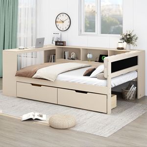 Lit et bureau combinés avec étagères de rangement et tiroirs, meubles de chambre à coucher peu encombrants pour enfants, adultes et personnes âgées, couleur camel - Product Image 3
