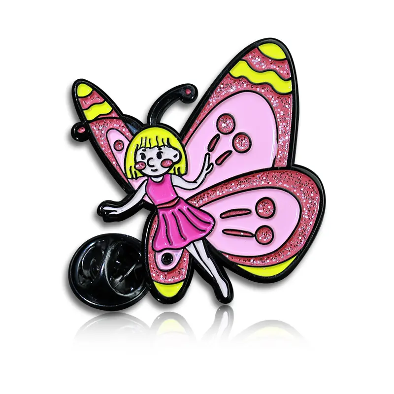 금속 공예 배지 로고 에나멜 핀 제조업체 에나멜 핀 배지 만화 나비 모양 반짝이 브로치