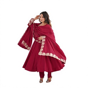 Robe Anarkali brodée marron avec dupatta, tenue traditionnelle indienne et pakistanaise pour femme, coupe midi ample en polyester, idéale pour mariage - Product Image 1