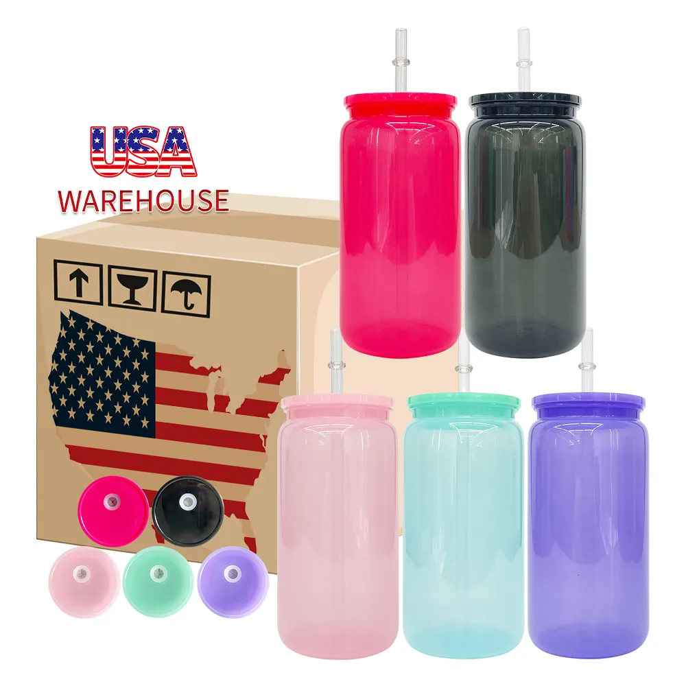 in stock coffee cup 16oz plastic soda can Coffee Mug 16oz macaron acrylic cup with colorful pp lids for iced coffee, soda, Pop