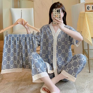 女式三件套睡衣套装夏季清凉睡衣短裤短袖长裤睡衣和服风格开衫睡衣 - Product Image 2