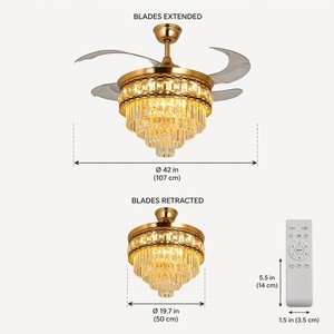 Gold Crystal Invisible Ceiling Fan with 3-Color Dimmable Light - Super Quiet 6-Speed Reversible Fan for Living Room and Bedroom - Product Image 3