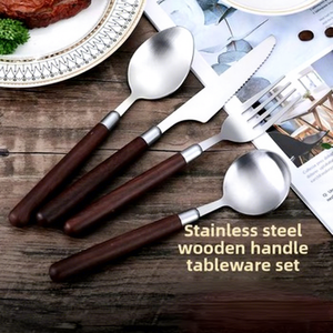 طقم سكين وشوكة وملعقة من الفولاذ المقاوم للصدأ مكون من أربع قطع بمقبض خشبي، بتصميم ياباني عتيق فاخر JY00029 - Product Image 2