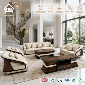 Set di Divani di Lusso per Soggiorno 1+2+3, Divano <span class=keywords><strong>in</strong></span> Legno e Pelle Crema con Tavolino <span class=keywords><strong>in</strong></span> <span class=keywords><strong>Marmo</strong></span>, Personalizzazione Completa per Tutta la Casa - Product Image 3