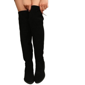 Bottes au-dessus du genou pour femmes, en daim noir, talon haut de 6 à 8 cm, tige élastique, grande taille, couleur unie, chaussures d'hiver à la mode - Product Image 5
