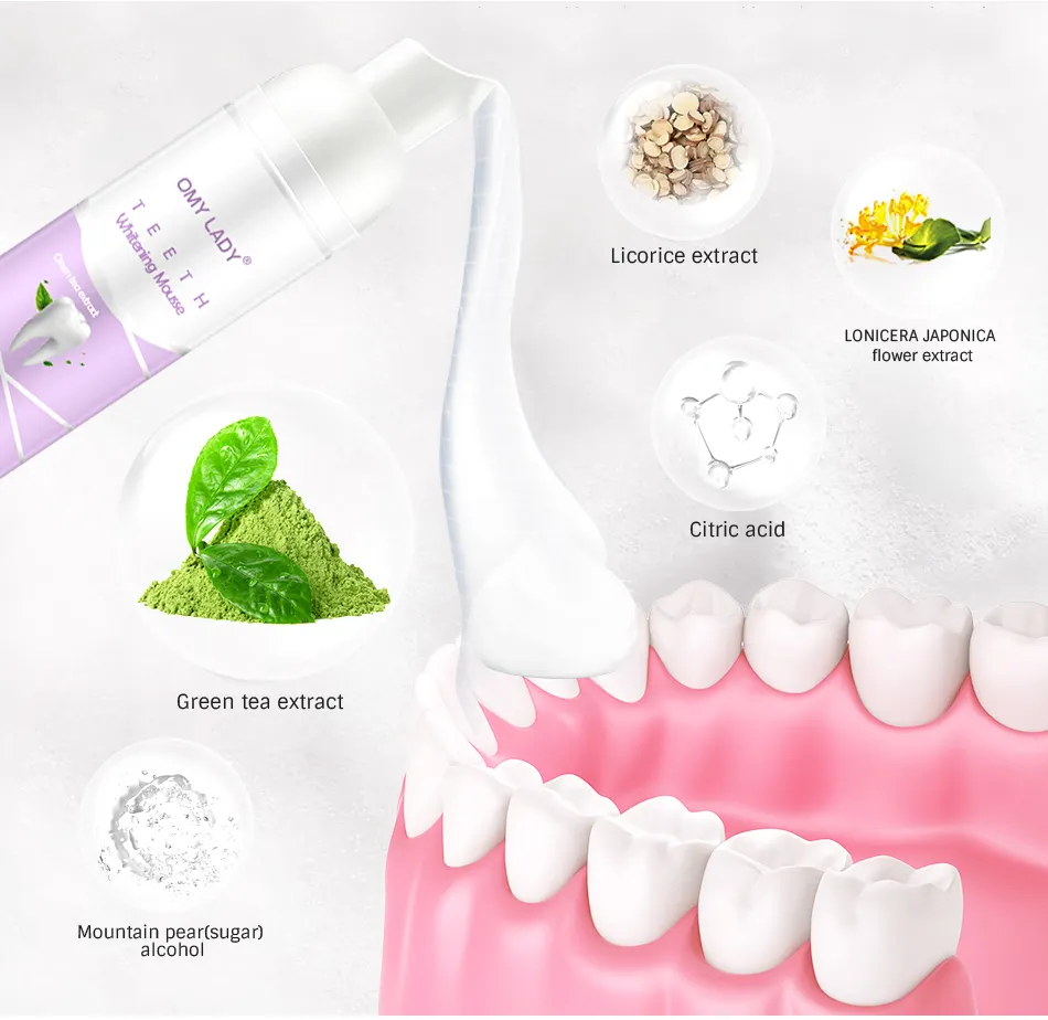 אורגני שן להדביק על ידי OMY גברת המניה custom כתם הסרת משחת שיניים שיניים קלים לבן רצועות נוזל ניקוי מוצרים עבור