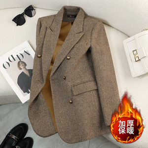 Women's Coffee Brown Wool Blazer Padded Thickened Autumn Winter Loose Fit Plus Size Suit With Buttons - Product Image 1