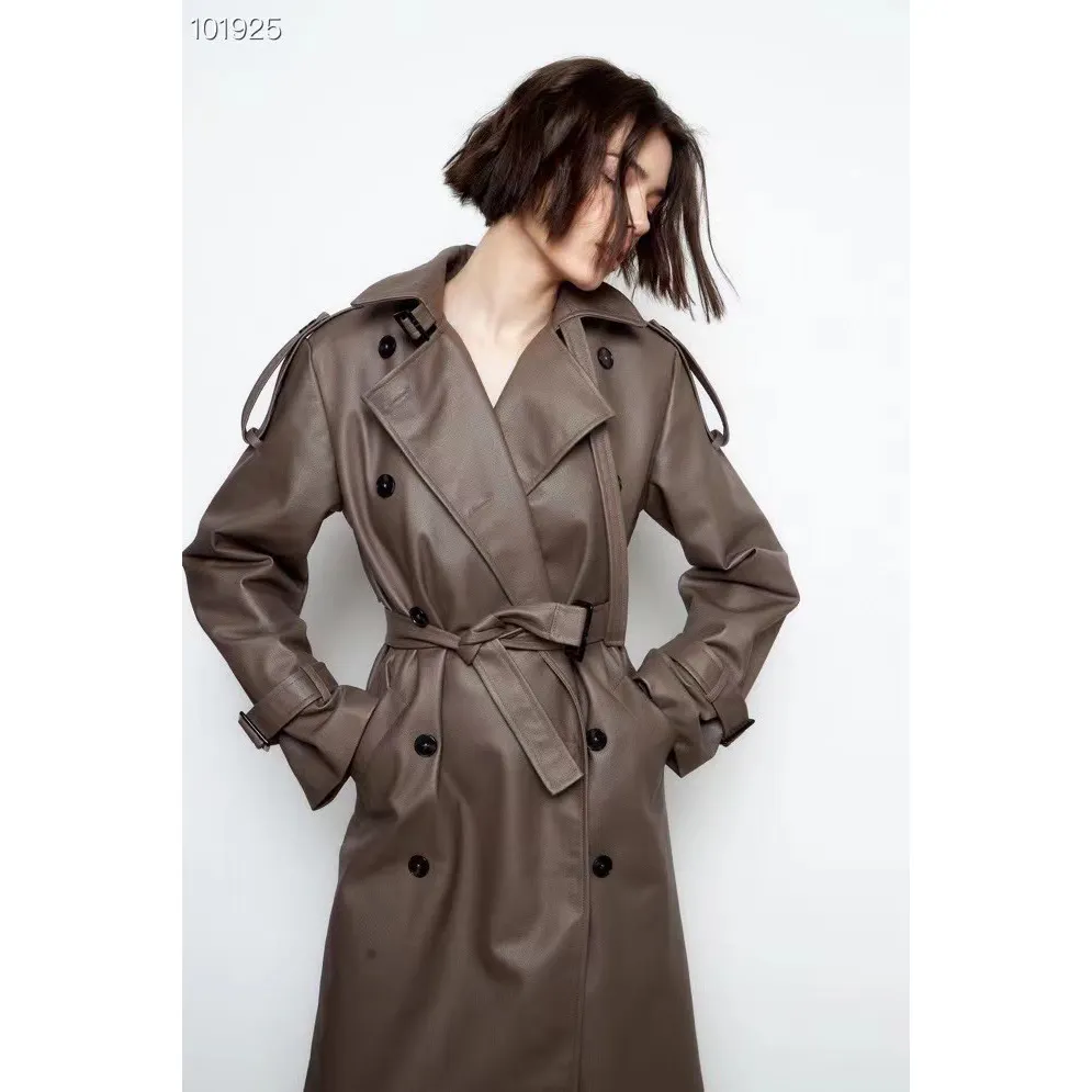 High-quality Winter Wholesale Autumn And Winter Vintage Lapel Pu leather Women's Trench Coats Ladies Long leather Coat Women