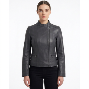 Wholesale <b>Women</b> Genuine <b>Leather</b> Winter Windproof Zipper Slim Fit Mandarin Collar <b>Moto</b> Biker <b>Jacket</b> Custom Casual Streetwear - Product Image 1