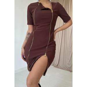 Vestido Ajustado Marrón, Cuello Redondo, Tejido de Punto, Cintura Ajustada, Uso Diario, Estilo Casual, Diseño Simple, Tela Transpirable - Product Image 2