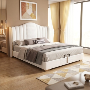 Moderna Struttura <span class=keywords><strong>Letto</strong></span> Matrimoniale in Plastica con Pannello Alto Impermeabile, Testiera Imbottita in Tessuto e Pelle PU Trapuntata, <span class=keywords><strong>Cuscino</strong></span> Bianco, Durata 3-5 Anni - Product Image 1