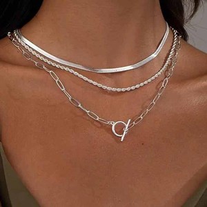Collier superposé pour femme, accessoires <span class=keywords><strong>de</strong></span> fête, chaînes chevron et trombone, fermoir à bascule, collier ras-du-<span class=keywords><strong>cou</strong></span> à trois couches - Product Image 4