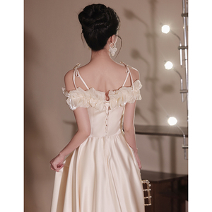 Off The Shoulder Satin Bridesmaid Dress Champagne A Line Natural Waist Strapless Formal Wedding Party Dress - Product Image 2