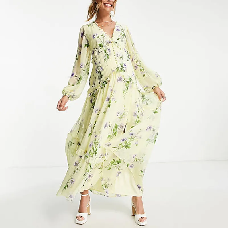 high quality sexy elegant floral print dress maternity button through pintuck maxi dress