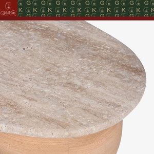 Mesa <span class=keywords><strong>de</strong></span> Centro Escandinava GOLDKING <span class=keywords><strong>de</strong></span> Travertino con Base <span class=keywords><strong>de</strong></span> Madera y Orificios Naturales, OEM ODM Directo - Product Image 5
