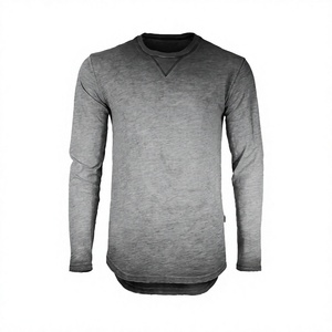 Blank Men <b>Long</b> <b>Sleeve</b> Scallop Hem Tee Custom X-Stitch Neckline Curved <b>Longline</b> T-Shirt Plain Streetwear Muscle Fit Cotton - Product Image 2