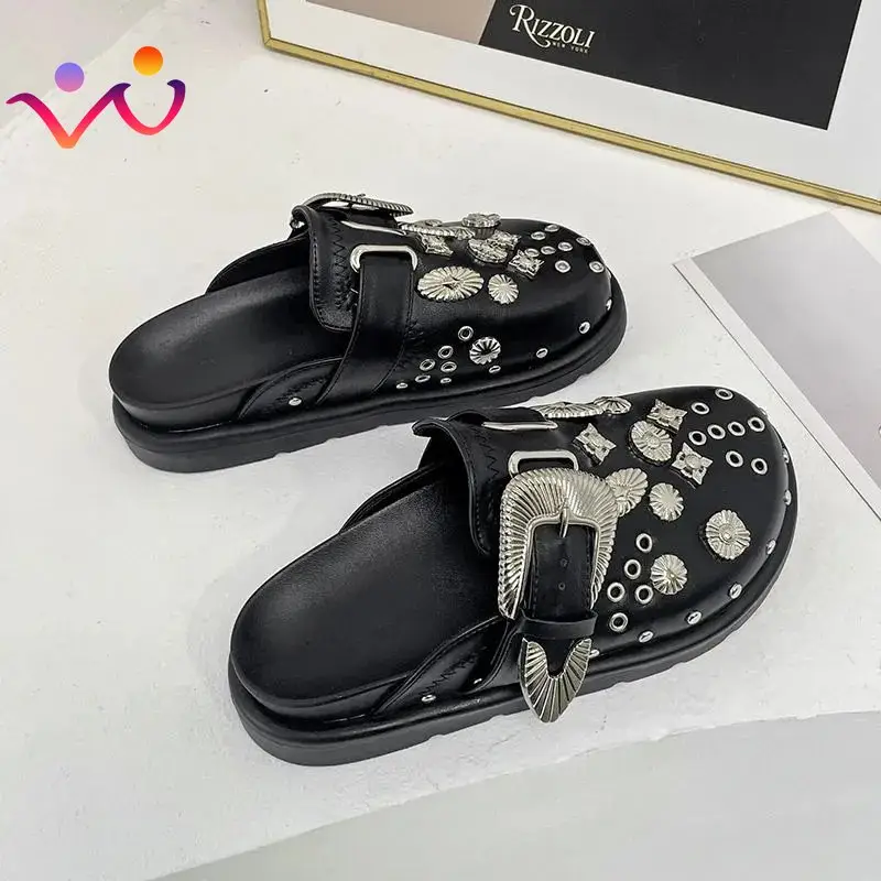 2023 Summer Casual Shoes for Female Punk Metal Rivet Charms Black PU Mules Slip on Outdoor Platform Modern Slippers Women Shoes