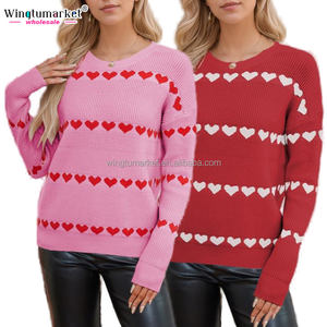 Wholesale Women <strong>Valentine</strong> Day Heart Pattern Sweater Pink Ribbed Knit Pullover Romantic Crew Neck <strong>Jumper</strong> - Product Image 1
