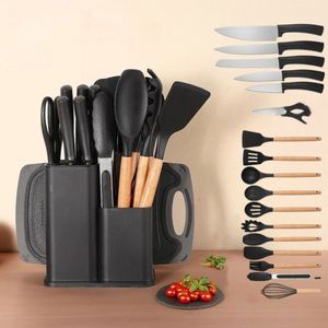 Ensemble d'ustensiles de cuisine en silicone durable de 19 pièces avec manche en bois Cuillère de cuisson antiadhésive Rangement de couteaux intégré multifonctionnel - Product Image 1