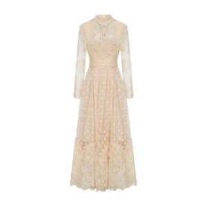 Robe longue à ourlet ample, à col haut, à taille empire, à manches longues, à pois, en dentelle perlée, vintage, faite à la main, antistatique, <span class=keywords><strong>Victoria</strong></span> - Product Image 1