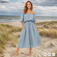 Ensemble de plage pour femme, haut à épaules dénudées en lin mélangé 160GSM avec cordon de serrage et jupe-culotte évasée, style décontracté, OEM XS-5XL