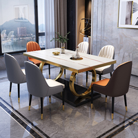 Ensemble table et chaises de salle à manger 6 places, style européen moderne, plateau carré en pierre de luxe légère, pieds en métal, pour hôtel, villa et petits appartements