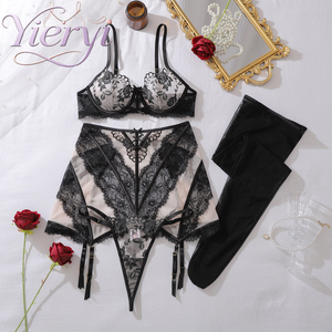 YIERIYI Ensemble de <span class=keywords><strong>Lingerie</strong></span> Florale <span class=keywords><strong>en</strong></span> Dentelle pour <span class=keywords><strong>Femme</strong></span> avec Soutien-Gorge à Armatures, Porte-Jarretelles, String et Bas <span class=keywords><strong>en</strong></span> Résille Transparente Brodée Noir - Product Image 2