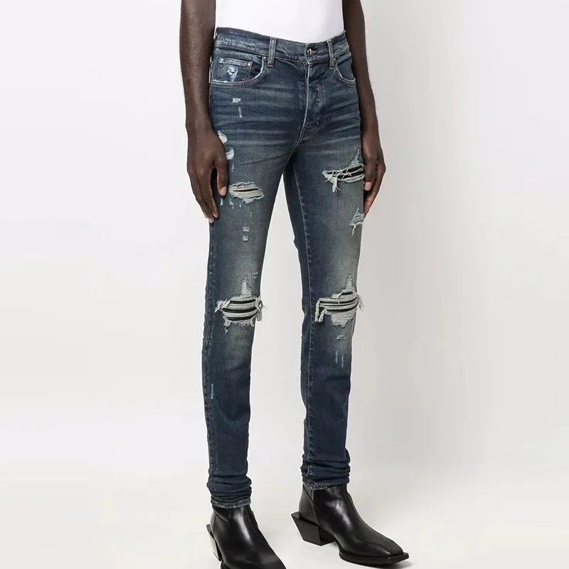 OEM custom high quality slim fit vintage stretch denim jean pants distressed ripped skinny jeans for men