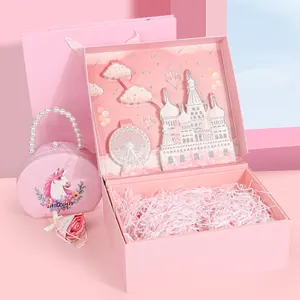 गुलाबी उपहार बॉक्स यूनिकॉर्न 3डी कैसल पैटर्न बच्चों के वयस्क बैग पैकेजिंग जन्मदिन अवकाश उपहार पेपर बॉक्स