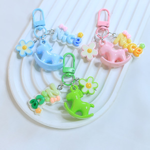 Cute Rocking Horse Keychain Colorful Acrylic <b>Flower</b> Letter <b>Bag</b> Charm Pendant for Women Girls <b>Gift</b> Wholesale - Product Image 1