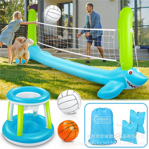 Filet de volley-ball aquatique gonflable Wilbest 300x90cm, design requin, jeu de piscine extérieur pour enfants et adultes - Product Image 1