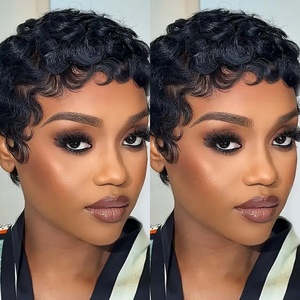 Wholesale Remy Short Chioma Wavy <strong>Pixie</strong> <strong>Curl</strong> Human Hair Machine Made None Lace <strong>Wig</strong> - Product Image 4