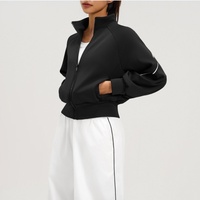 Veste de yoga chaude pour femme, doublée polaire, entièrement zippée, col montant, avec bande blanche latérale, manches longues, coupe courte, haut de sport