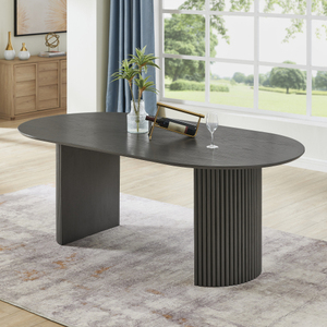 OE HOME 7-Piece 80" Oval Gray <b>Oak</b> Finish Dining Table Dual Pedestal Base Portable <b>Light</b> Gray Fabric Chairs (6-Seater No - Product Image 3