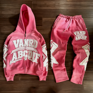 Custom Sweatsuit Manufacturer Oversized Distress Patch Embroidery Acid Wash Hoodie and Sweatpants Set Flared <strong>Tracksuit</strong> for Men - Product Image 1